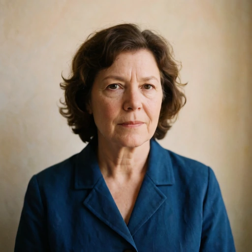 Generated portrait of an adult with shoulder-length wavy brown hair and a blue collared shirt beside a bright window