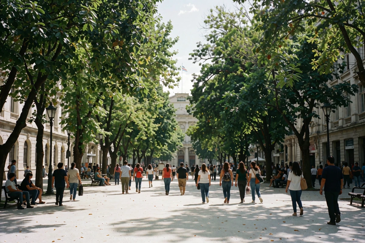 People walk through a sunny public square with trees and surrounding buildings