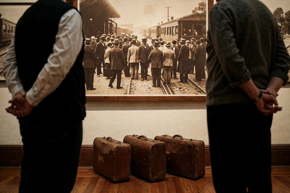 Two adults view a large sepia crowd photograph above three old leather suitcases in a warmly lit gallery