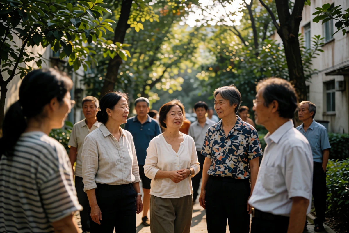 Six adults walk together on a sunlit path beside trees and low buildings