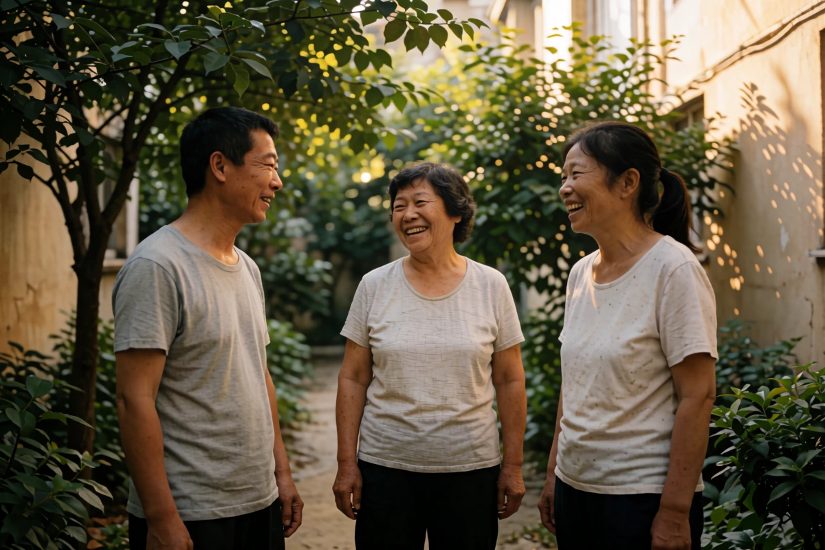 Three people talk in a leafy residential courtyard