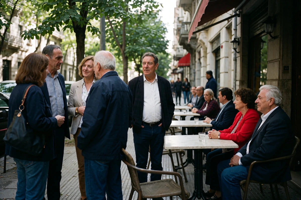 Adults sit at outdoor cafe tables along a tree-lined city street