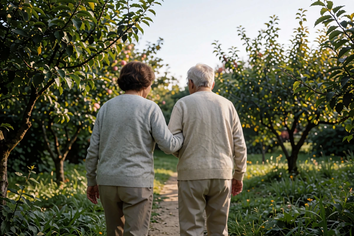 Two people walk together on a garden path