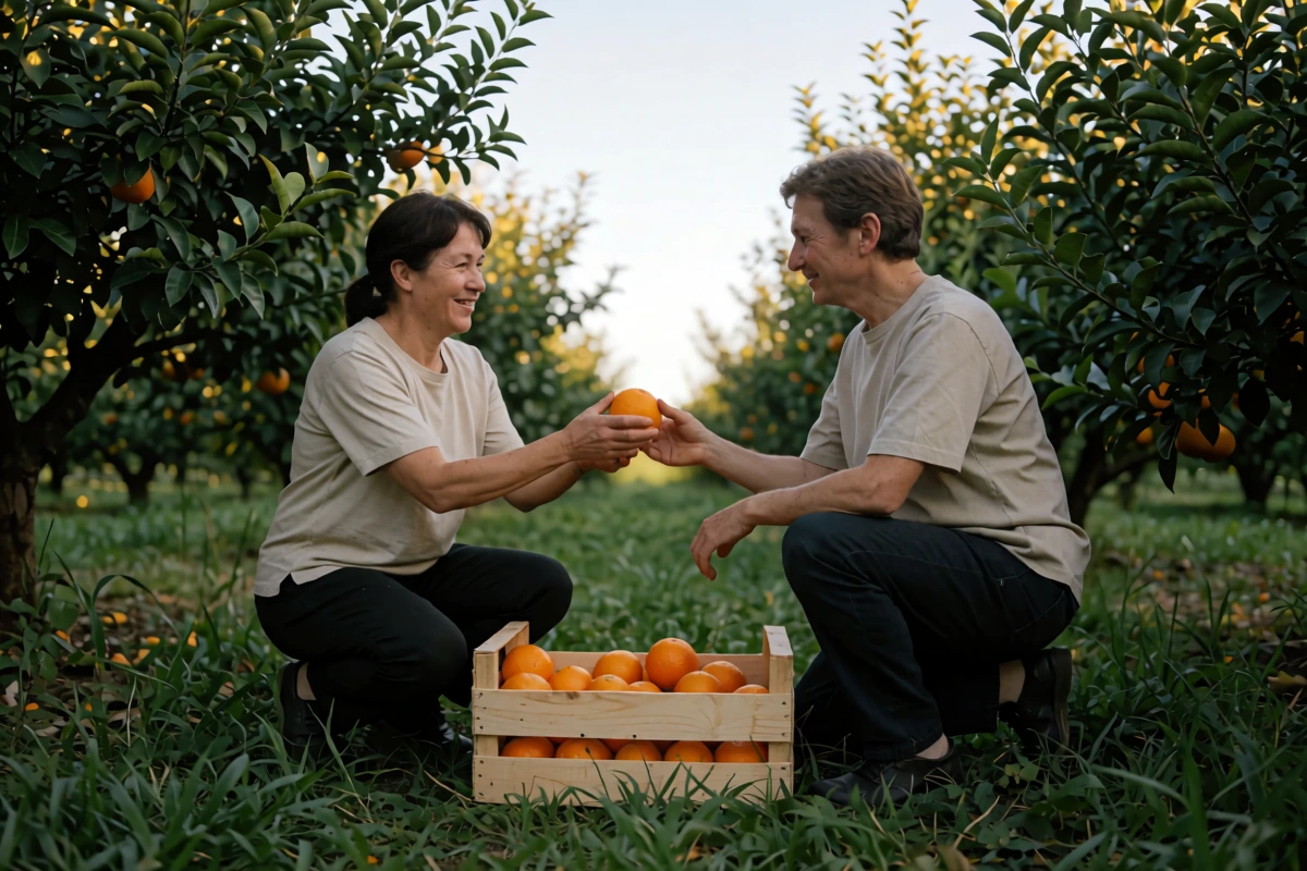 Two people pass an orange beneath leafy fruit trees