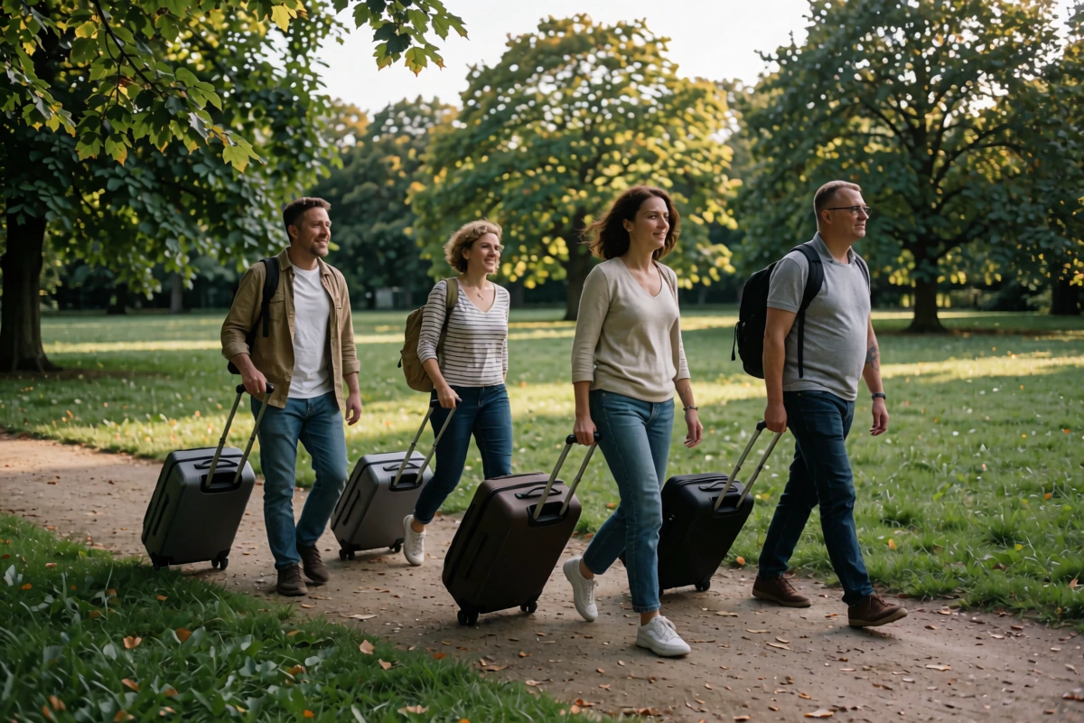 Five adults walk with four rolling suitcases along a tree-lined dirt path